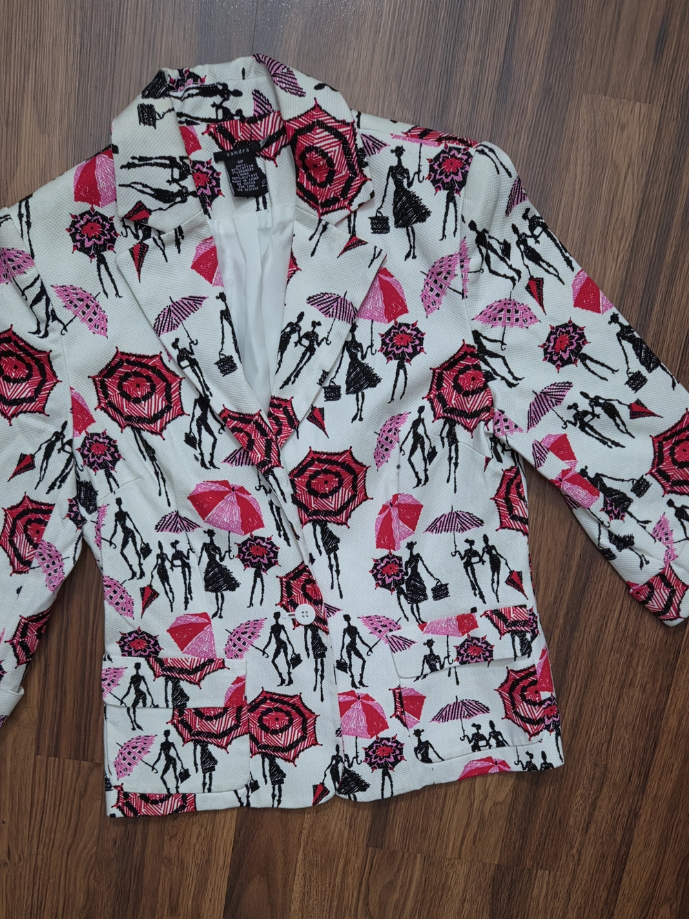 Printed White Blazer with Pink & Black Umbrella Motif
